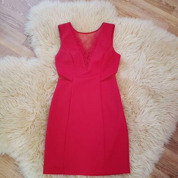 Guess Red Cocktail Mini Dress Mesh V neck Backless size 4 - Picture 5 of 10